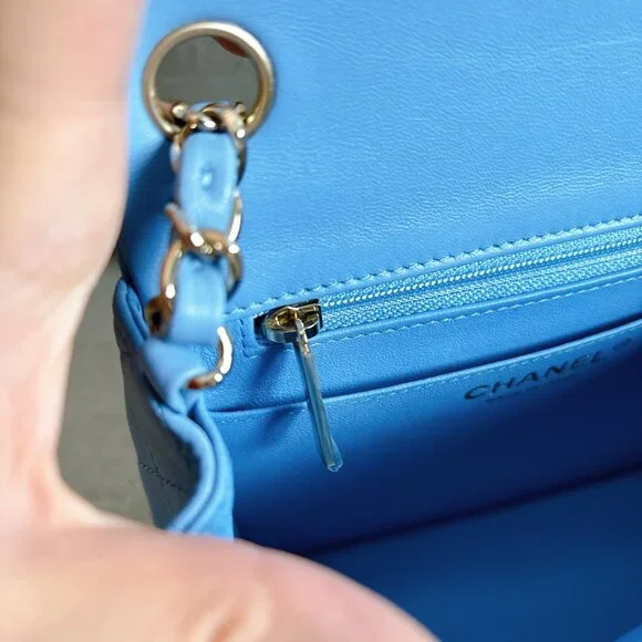 98% NEW CHANEL LAMB SKIN BABY BLUE SQUARE FLAP BAG - Picture 5 of 15